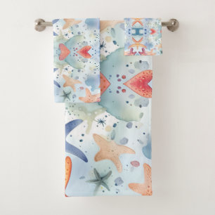 Sea life watercolor sea stars  bath towel set
