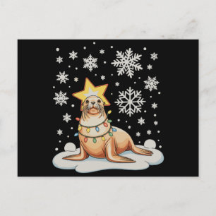 Sea Lion Christmas Tree Lights Xmas Holiday Snow Postcard