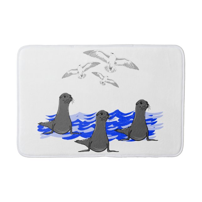 Sea Lions Ocean & Seagulls Bath Mat (Front)