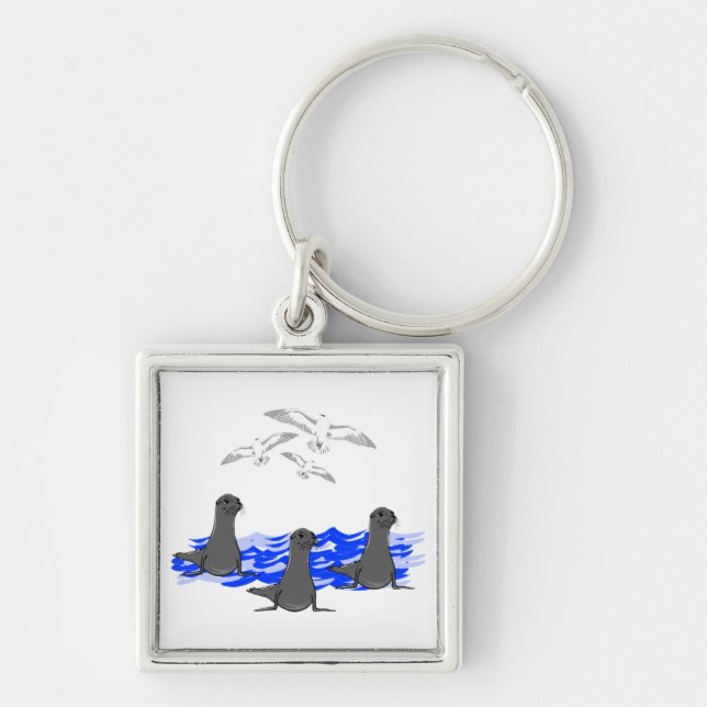 Sea Lions Ocean & Seagulls Keychain (Front)