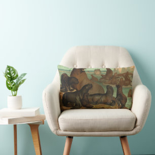 Sea Lions on the Beach, Vintage Marine Life Animal Lumbar Cushion