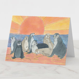 Sea Lions Sunrise Drawing Blank Thank You Card