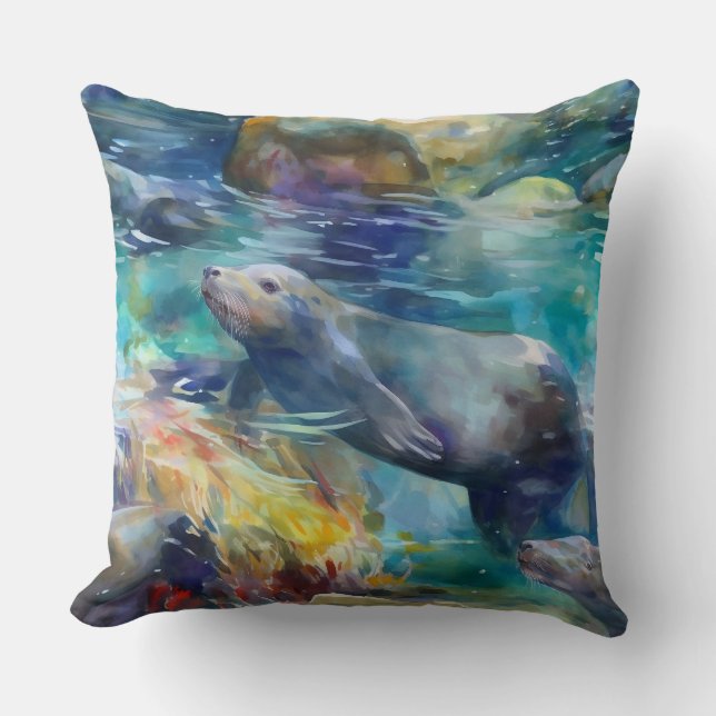Sea Lions Swim in Teal Water Cushion (Front)