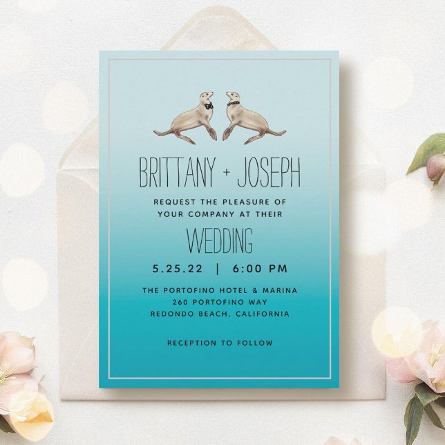 Sea Lions Teal Blue Modern Wedding Invitation (Creator Uploaded)