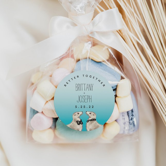 Sea Lions Teal Blue Wedding Classic Round Sticker (Creator Uploaded)