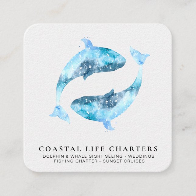 *~* Sea Marine Watercolor Playing Coastal Dolphins Square Business Card (Front)
