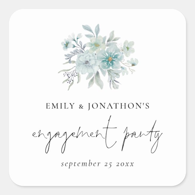 Sea Mist Teal Blue Florals Script Engagement Party Square Sticker (Front)
