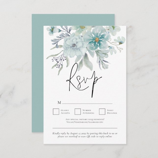 Sea Mist Teal White Florals QR Code Wedding  RSVP Card (Front/Back)