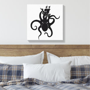 Sea Monster Black and White Kraken with Ship Canvas Print