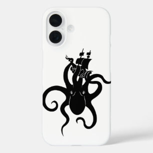 Sea Monster Black and White Kraken with Ship iPhone 16 Case