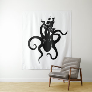 Sea Monster Black and White Kraken with Ship Tapestry
