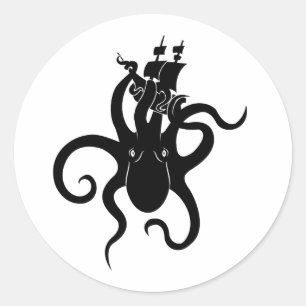 Sea Monster Blue and Black Kraken with Ship Classic Round Sticker