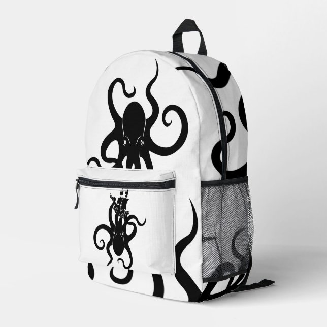Sea Monster Blue and Black Kraken with Ship Printed Backpack (Back Corner Right)