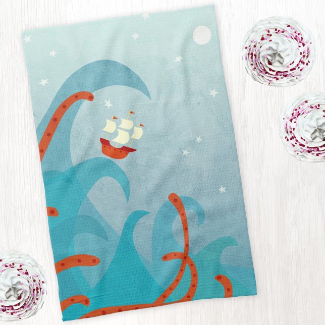 Sea Monster Sailing Tea Towel (Sailing boat sea monster tentacles fun kitchen towel)