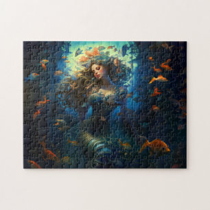 Sea Nymph Surrounded by Fish Fantasy Painting Jigsaw Puzzle