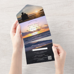 Sea of Love   Beach Sunset + Your Photo Wedding All In One Invitation