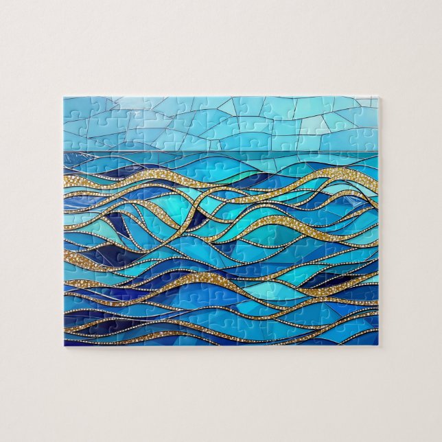 Sea of Waves Blue and Gold Mosaic Art Jigsaw Puzzle (Horizontal)