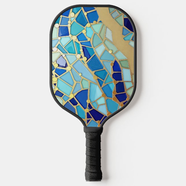 Sea of Waves Blue and Gold Mosaic Fine Art Pickleball Paddle (Front)