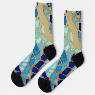 Sea of Waves Blue and Gold Mosaic Fine Art Socks