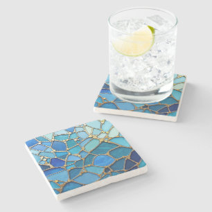 Sea of Waves Blue and Gold Mosaic Fine Art Stone Coaster