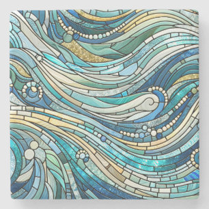 Sea of Waves Teal Mosaic Fine Art Stone Coaster