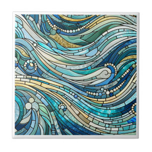 Sea of Waves Teal Mosaic Fine Art Tile