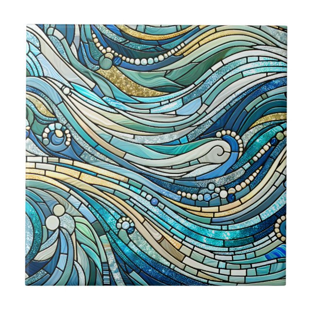 Sea of Waves Teal Mosaic Fine Art Tile (Front)