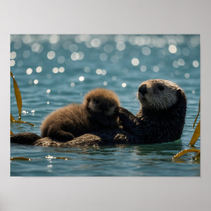 Sea Otter Mom & Pup Floating in Sparkling Ocean  Poster