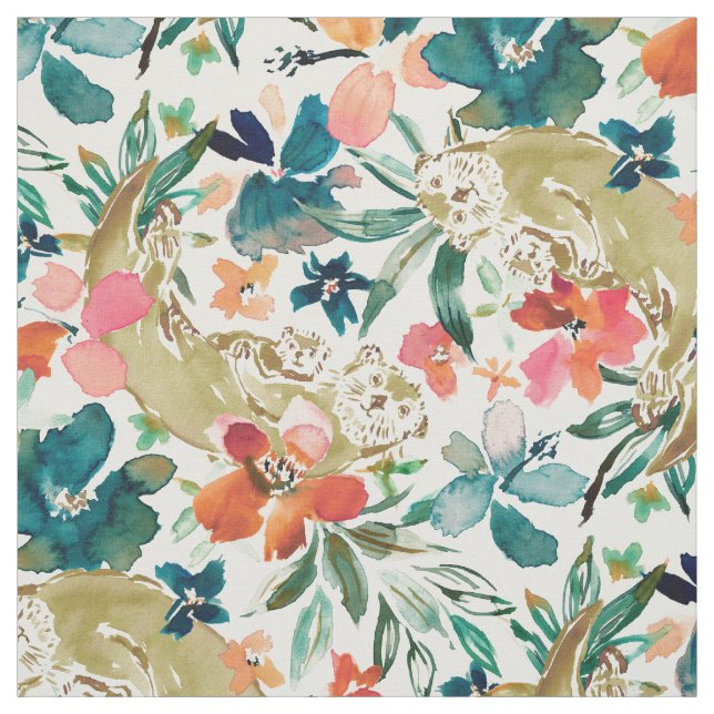 SEA OTTER PARADISE Cute Floral Watercolor Fabric (Swatch)