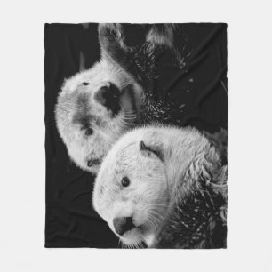 Sea Otters: Black White Pair. Fleece Blanket