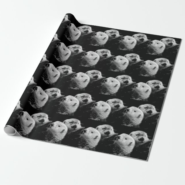Sea Otters: Black White Pair. Wrapping Paper (Unrolled)