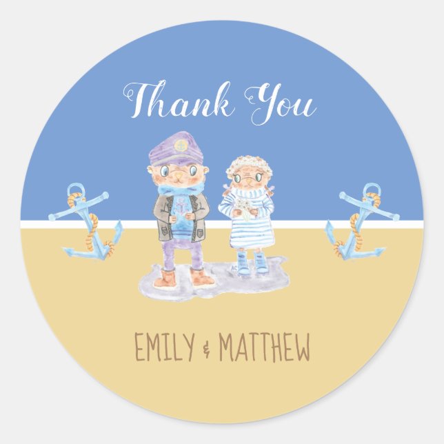 Sea Otters Couple Wedding Thank You Stickers (Front)