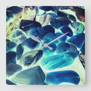 Sea oyster shell, colours changed blue to grey square wall clock