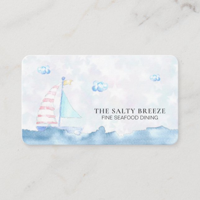 *~* Sea Pastel Sail Boat Fine Dining QR Beach Business Card (Front)