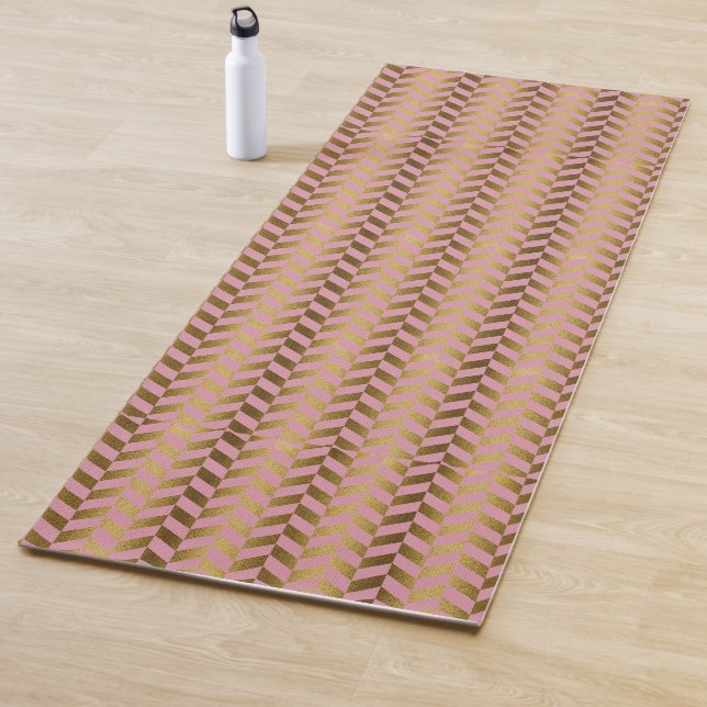 Sea Pink and Gold Herringbone Yoga Mat (In Situ)