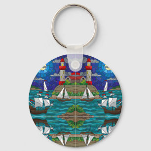 Sea Red Lighthouse Sailing Ships Shore Starry Sky Key Ring