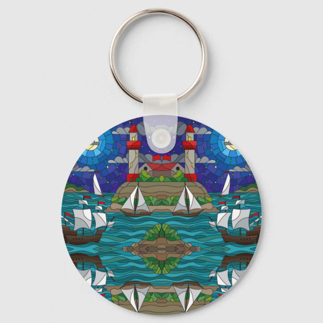 Sea Red Lighthouse Sailing Ships Shore Starry Sky  Key Ring (Front)