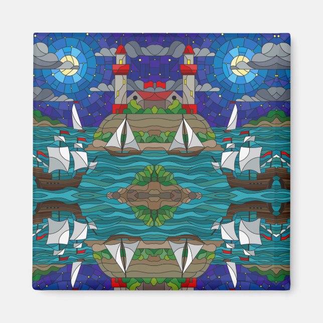 Sea Red Lighthouse Sailing Ships Shore Starry Sky  Magnet (Front)