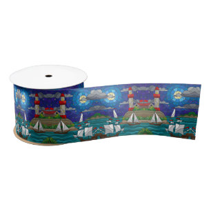 Sea Red Lighthouse Sailing Ships Shore Starry Sky Satin Ribbon