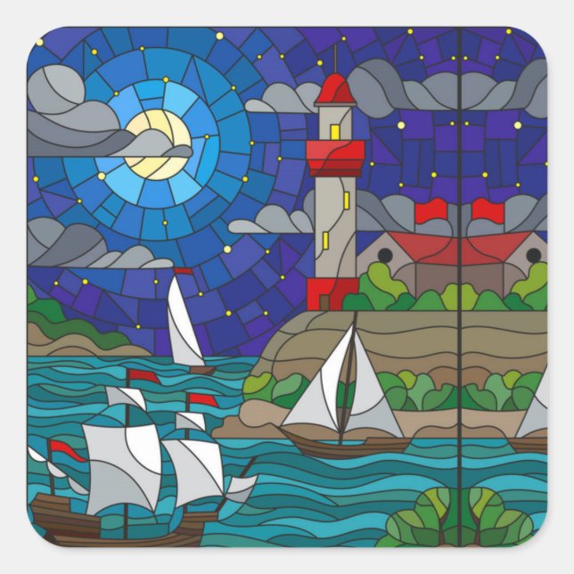Sea Red Lighthouse Sailing Ships Shore Starry Sky Square Sticker (Front)