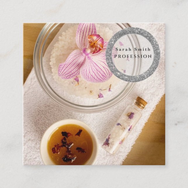 Sea salt orchids spa flower massage aromatherapy square business card (Front)