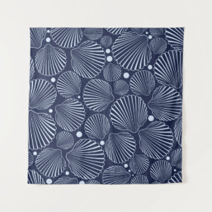 Sea seamless pattern with blue shells. Summer back Tapestry