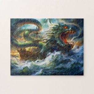 Sea Serpent Attacking Ship in Storm Fantasy Painti Jigsaw Puzzle