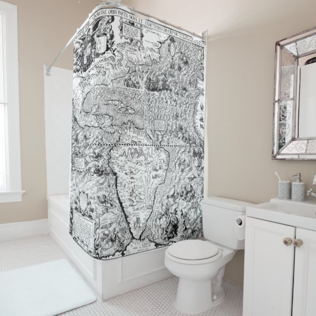 Sea Serpents and Sailing Ships World Map Shower Curtain (In Situ)