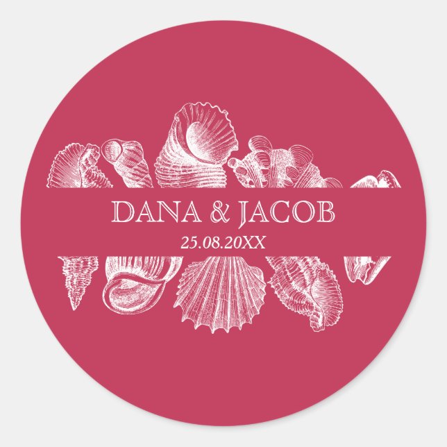 Sea Shell Beach Wedding Names Date  Classic Round Sticker (Front)