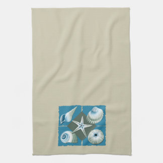 Sea Shell Collage Blue and Green on Cream Tea Towel