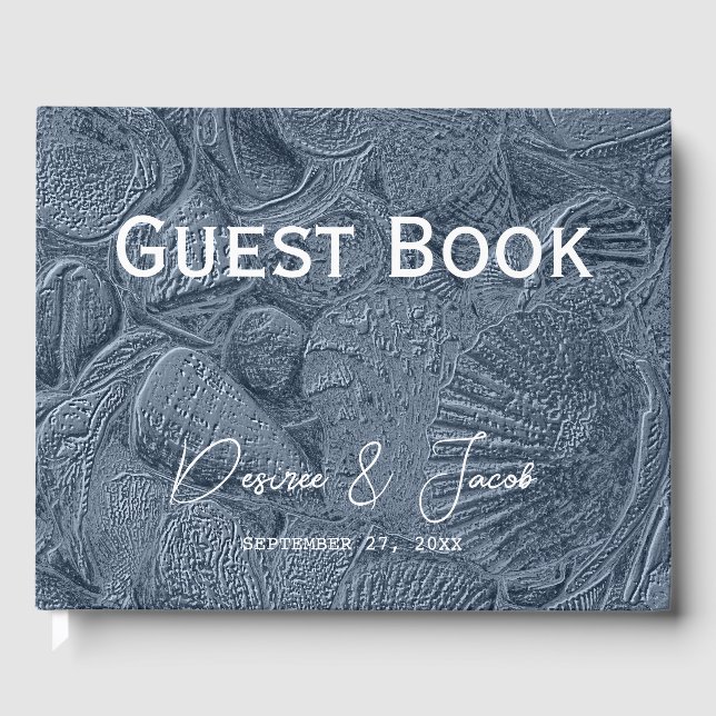 Sea Shell Dark Dusty Blue Modern Coastal Beach Guest Book (Front)