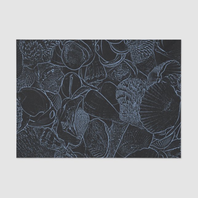 Sea Shell Dusty Blue Black Coastal Beach Decoupage Tissue Paper (Front)