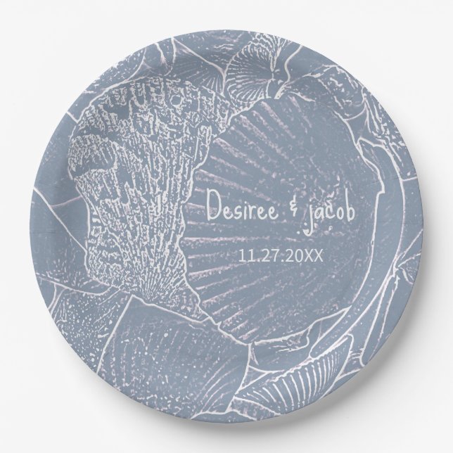 Sea Shell Dusty Blue Coastal Beach Paper Plate (Front)