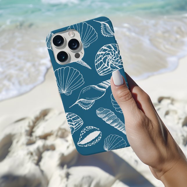 Sea Shell Illustration (Blue seashell phone case with hand drawn illustrated sea shells on a blue background.)